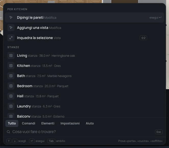 La ricerca con la Kitchen selezionata: Per Kitchen, Dipingi le pareti, Aggiungi una vista, Inquadra la selezione, poi le stanze