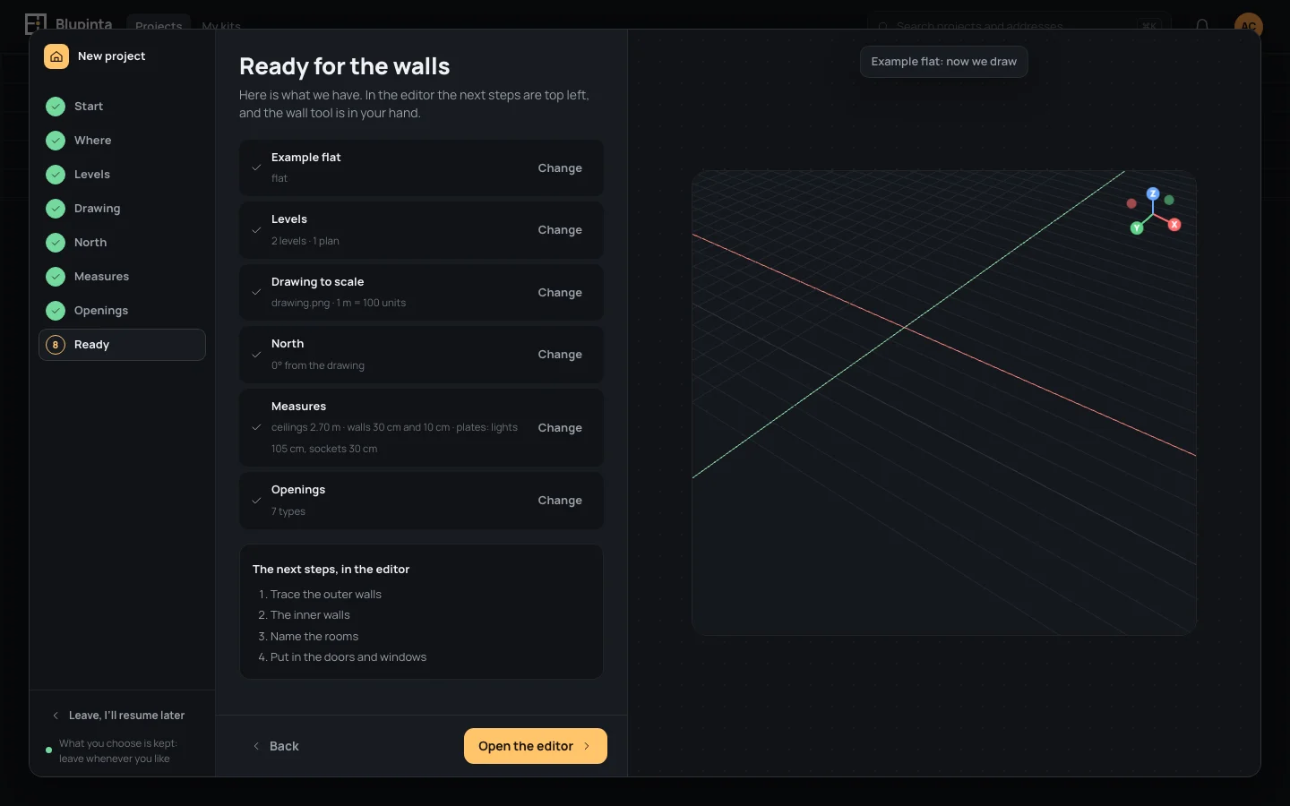 Ready for the walls: a line per step with Change, and the house in 3D on the right