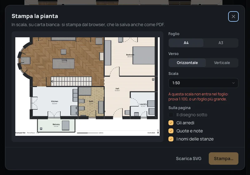 1:50 su un A4: la pianta esce dalla pagina, e A questa scala non entra nel foglio: prova 1:100, o un foglio più grande; Stampa… spento