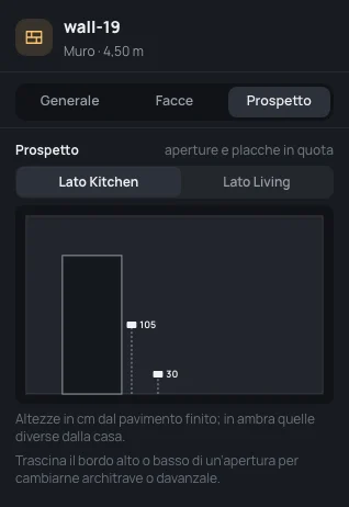 Il prospetto di wall-19 dalla cucina: la porta, una placca luci a 105 e una presa a 30
