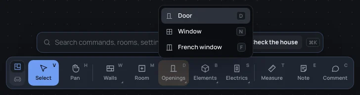 The Openings group of the dock open: Door D, Window N, French window F