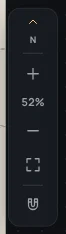 The column at the plan's right edge: north, zoom in, 52 %, zoom out, fit, the magnet