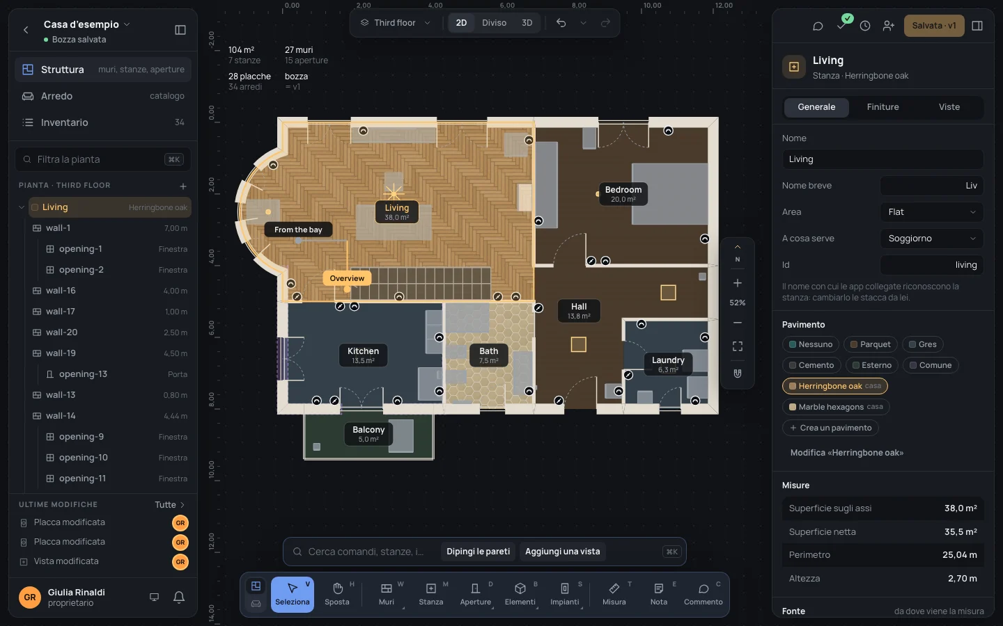 L’appartamento d’esempio finito con il Living selezionato: le sue due viste, Overview e From the bay, come frecce sulla pianta, e Uguale alla v1 in alto a destra