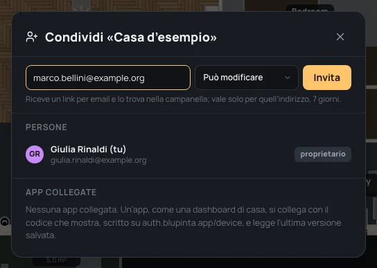 Un indirizzo scritto nel campo, Può modificare accanto, e Invita
