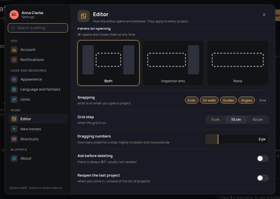 The Editor section's last rows: Dragging numbers, Ask before deleting, Reopen the last project