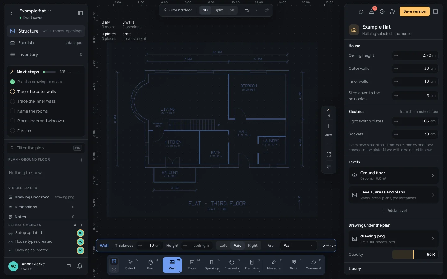 The plan alone, the whole drawing in sight, the Wall tool on