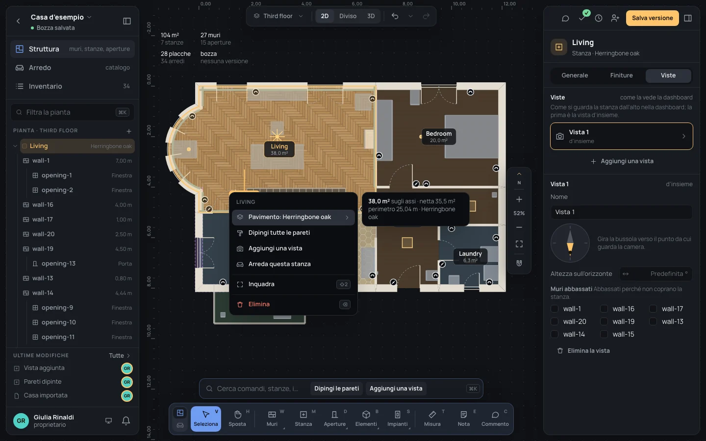 Il menu del tasto destro del soggiorno: Pavimento: Herringbone oak, Dipingi tutte le pareti, Aggiungi una vista, Arreda questa stanza; accanto 38,0 m² sugli assi, netta 35,5 m²