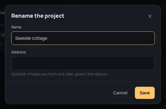 Rename the project: the Name and Address fields, Cancel and Save