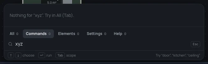 xyz typed in Commands: Nothing for “xyz”. Try in All (Tab).