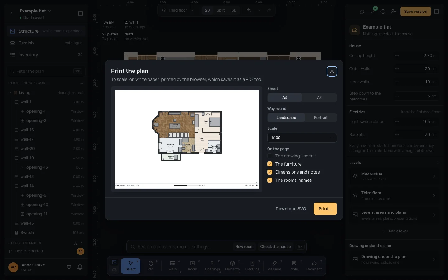 Print the plan: the example flat's third floor on an A4 sheet, landscape, at 1:100, with the furniture, the dimensions and notes and the rooms’ names
