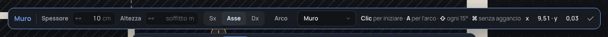 La barra dello strumento Muro: Spessore 10 cm, Altezza soffitto, Segui Sx Asse Dx, Arco, Muro, il suggerimento e la posizione del puntatore