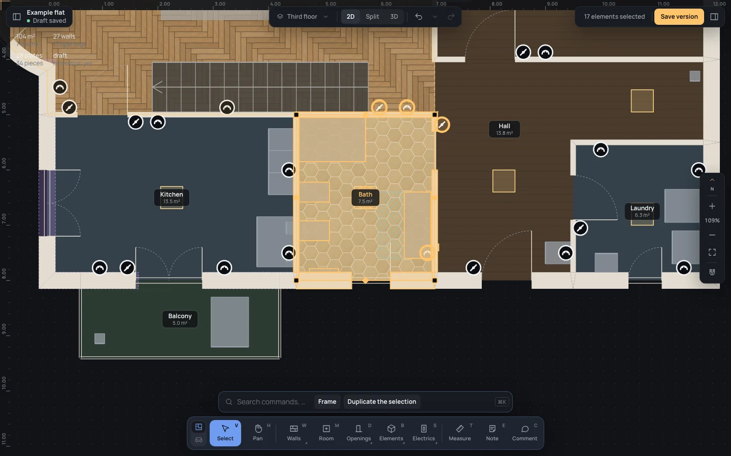The box released: the bath, its walls, its pieces and its plates selected, 17 elements