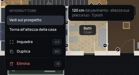 Il menu del tasto destro su un interruttore, Vedi sul prospetto e Torna all’altezza della casa, con la scheda: 120 cm dal pavimento, altezza sua, placca luci, 3 posti