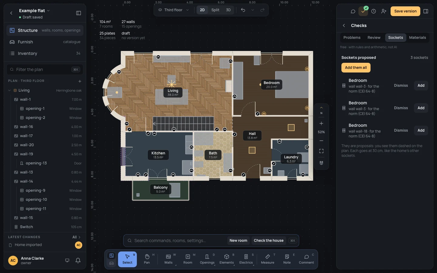 The Sockets tab: three sockets proposed in the bedroom, two on wall-3 and one on wall-18, dashed on the plan, with Add them all, Dismiss and Add