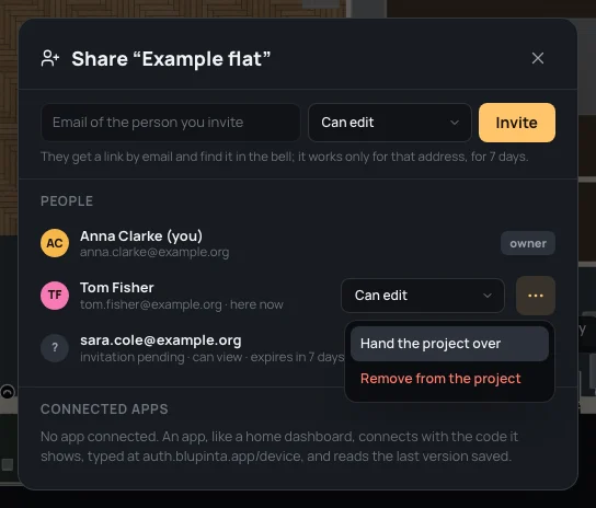 The ⋯ menu beside Tom Fisher: Hand the project over, Remove from the project