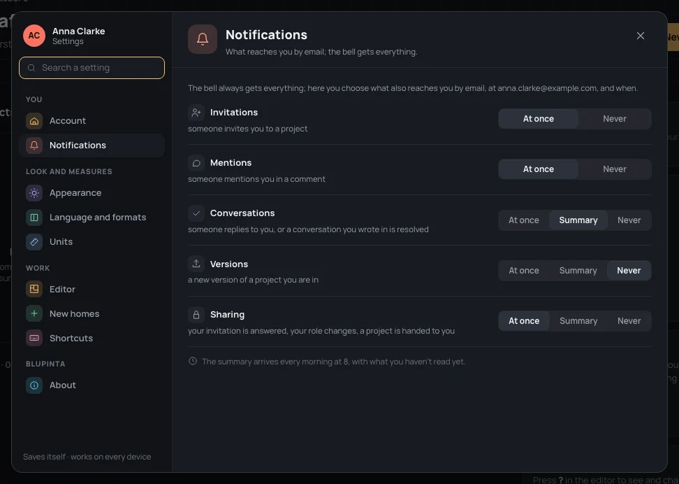 Notifications: Invitations and Mentions At once, Conversations Summary, Versions Never, Sharing At once, and when the summary arrives