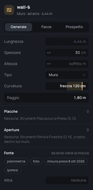 L’ispettore del bovindo: wall-6, Muro · ad arco · 4,44 m, Spessore 30 cm, Curvatura freccia 120 cm, Raggio 1,80 m