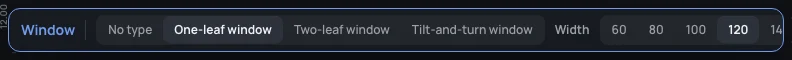 The Window tool's bar: No type, One-leaf window, Two-leaf window, Tilt-and-turn window; Width from 60 to 180
