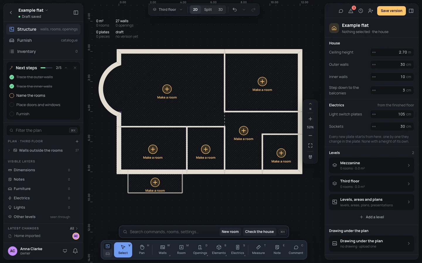 The bare example flat: every closed region hatched, with a + and Make a room in its middle
