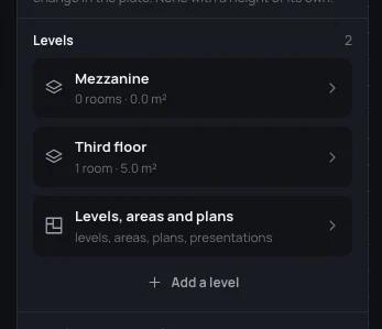 The house's Levels: Mezzanine 0 rooms · 0.0 m², Third floor 1 room · 5.0 m², Levels, areas and plans, Add a level