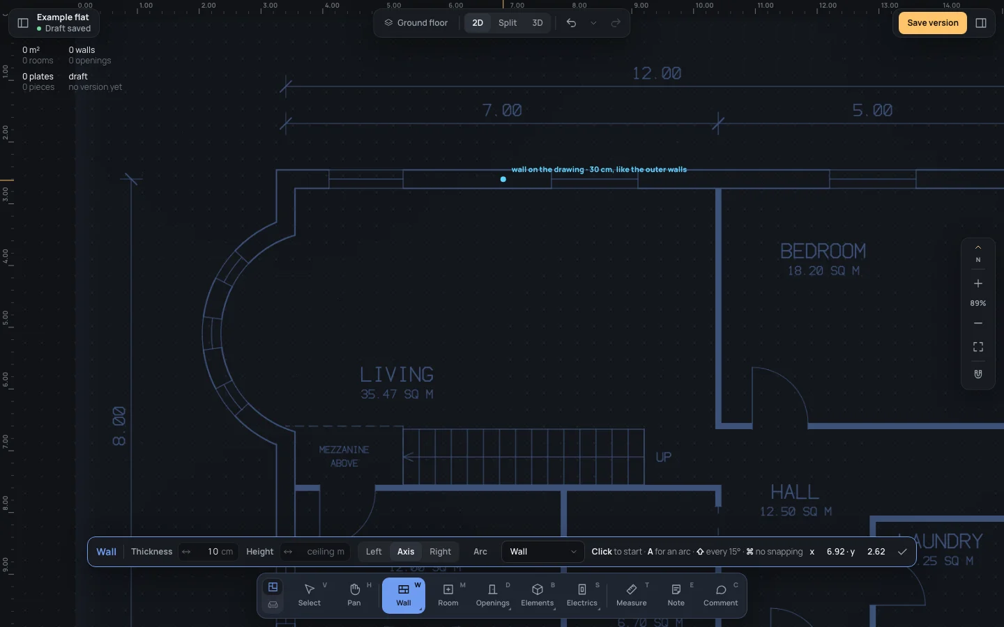 The pointer on the drawing's north wall: wall on the drawing · 30 cm, like the outer walls