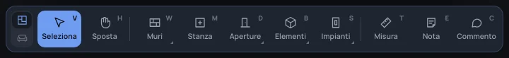 Il dock in Struttura: Seleziona, Sposta, Muri, Stanza, Aperture, Elementi, Impianti, Misura, Nota, Commento, ognuno con il suo tasto