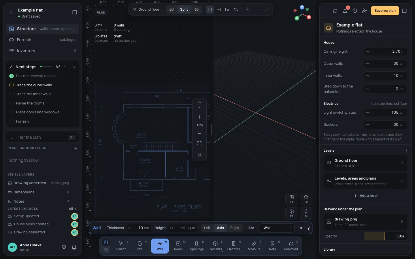 The editor after the wizard: the drawing under the plan, Next steps top left with the drawing to scale ticked, the Wall tool's bar
