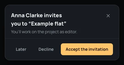 Anna Clarke invites you to “Example flat”: Later, Decline, Accept the invitation