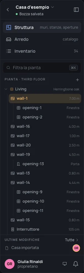 L’albero del Third floor: Living aperta, wall-1 selezionato con le sue due aperture, gli altri muri della stanza