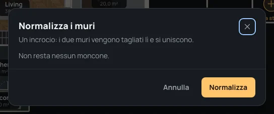 Normalizza i muri: un incrocio da tagliare, nessun moncone, Annulla e Normalizza