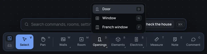 The Openings group open over the dock: Door D, Window N, French window F