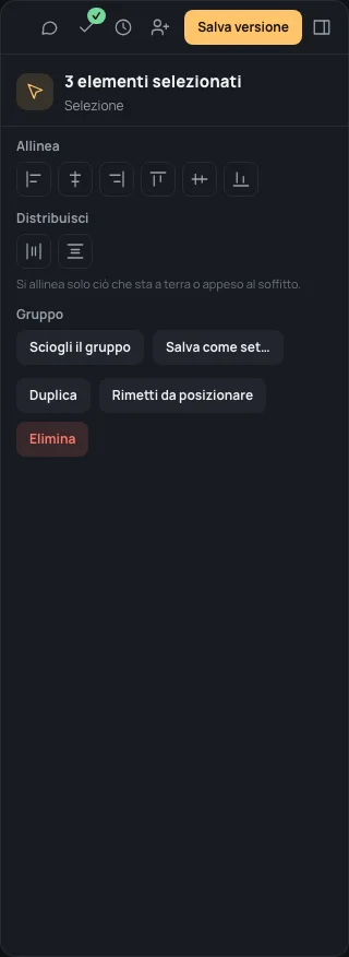 L’ispettore dei tre armadietti della cucina appena raggruppati: Allinea, Distribuisci, Gruppo con Sciogli il gruppo e Salva come set…, Duplica, Rimetti da posizionare, Elimina