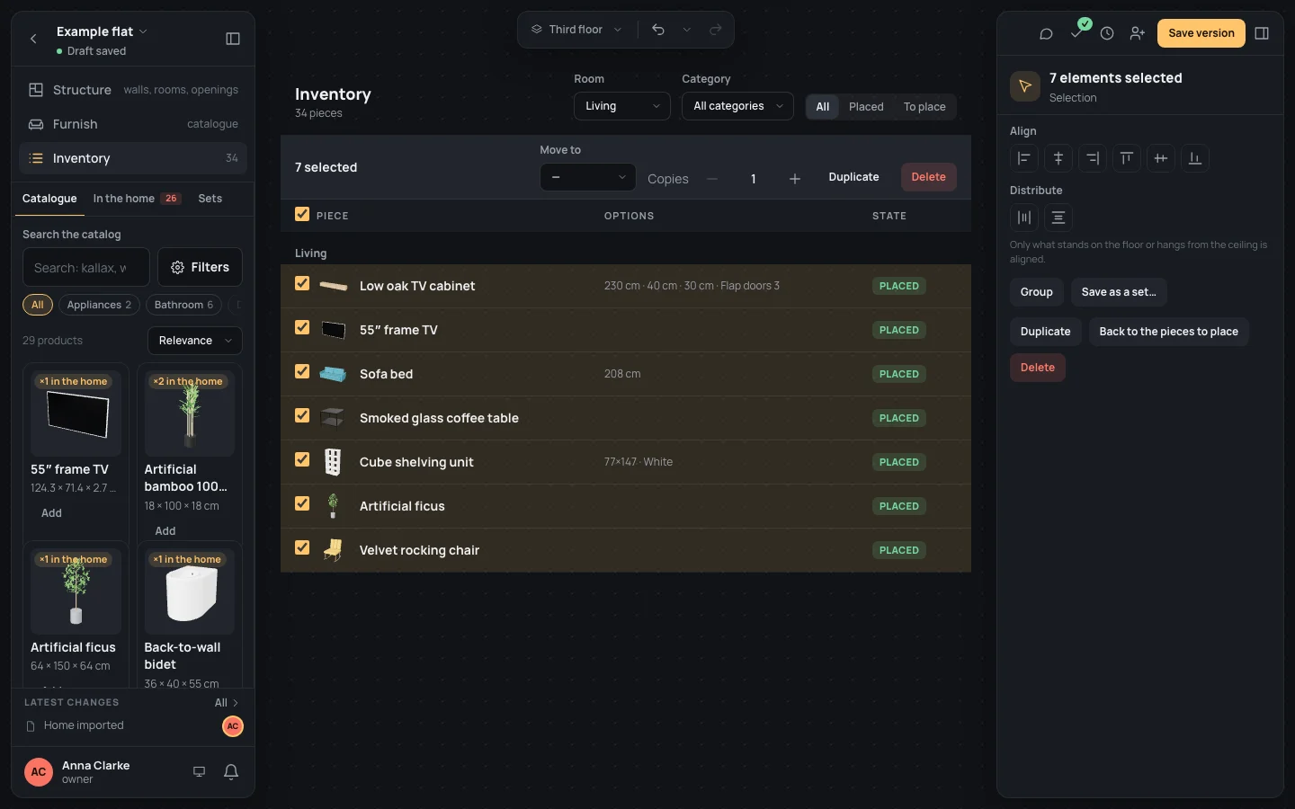 The Inventory filtered on Living, its seven pieces ticked, the bar 7 selected with Move to, Copies, Duplicate and Delete