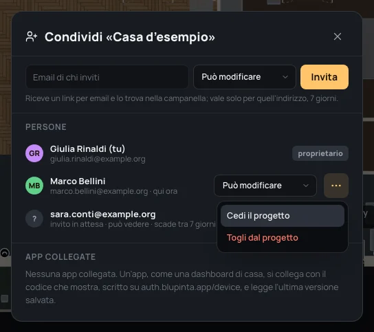 Il menu ⋯ accanto a Marco Bellini: Cedi il progetto, Togli dal progetto