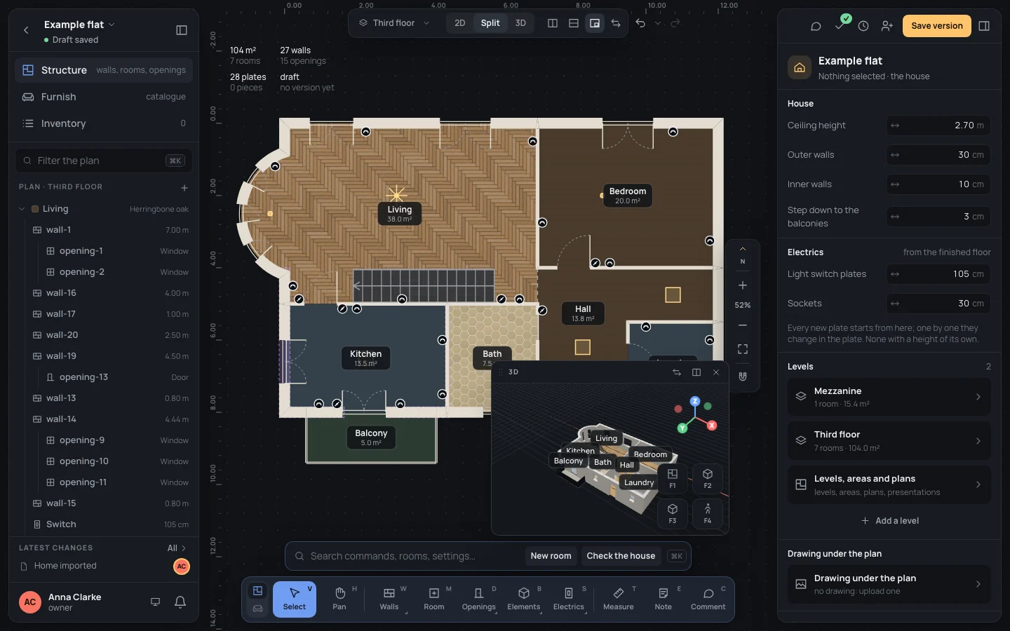 Split, 3D in a box: the plan across the window, the 3D in a box bottom right, with swap, side by side and close in its top