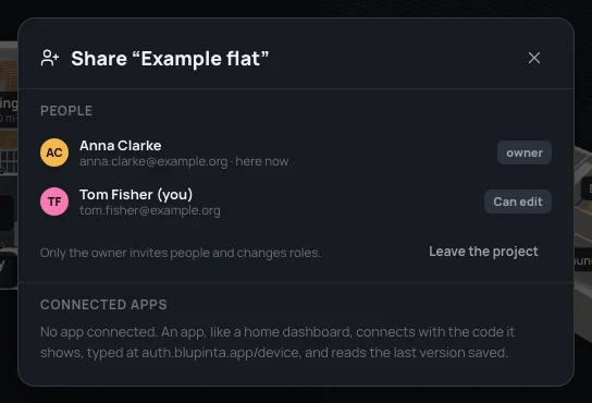 The Share window seen by Tom Fisher: Anna Clarke the owner, here now, Tom Fisher with Can edit, and Leave the project