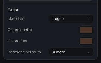 La parte Telaio: Materiale Legno, Colore dentro e Colore fuori in legno scuro, Posizione nel muro A metà