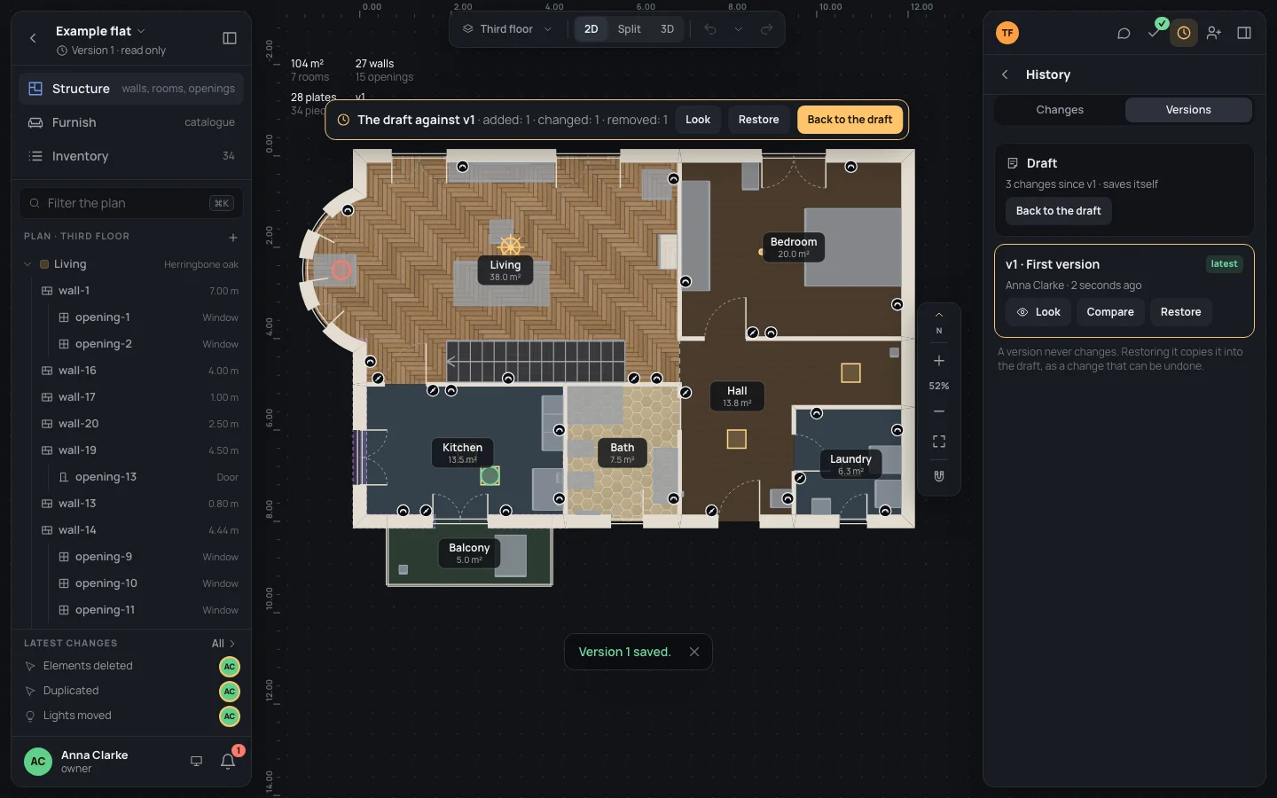 The draft against v1: a light added in green in the kitchen, one moved in the accent colour in the living room, one removed in red in the bay