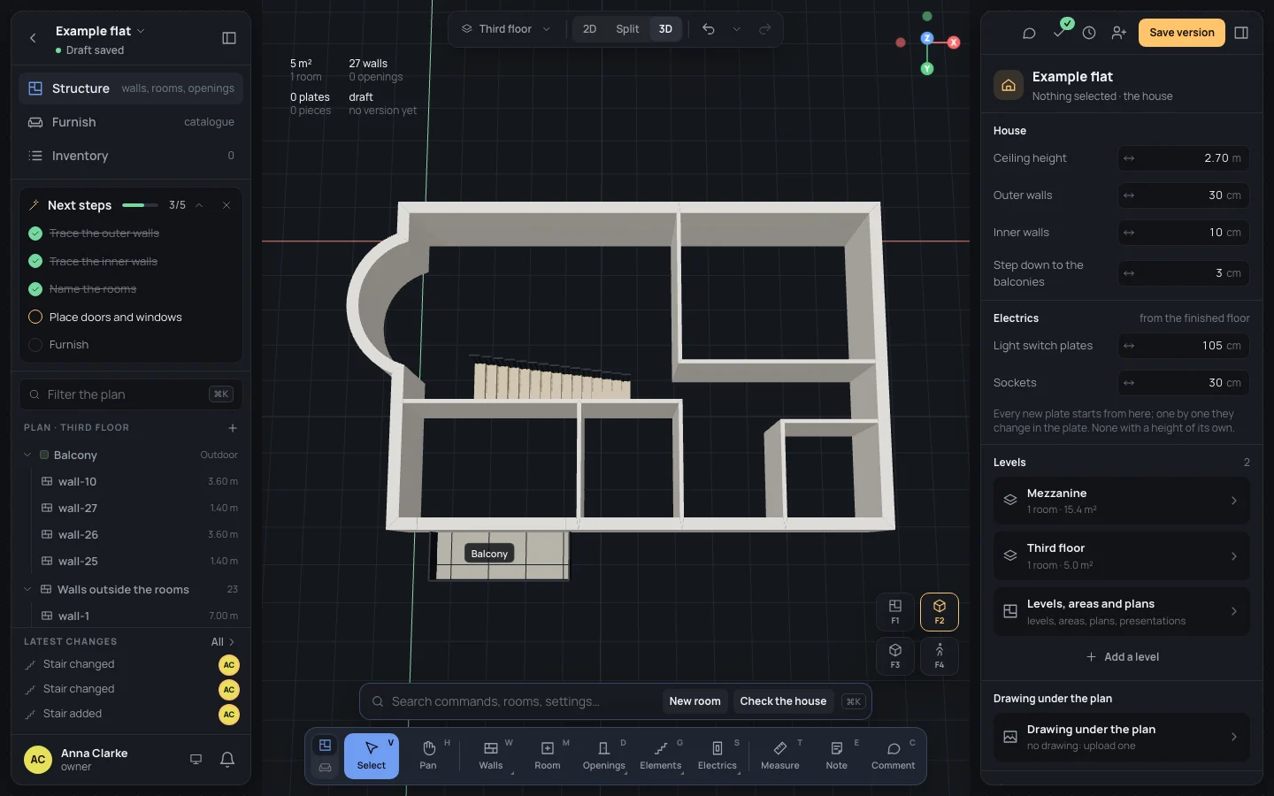 The third floor in 3D from the south, raised: the stair along the living room's south wall, the balcony outside the kitchen with its name