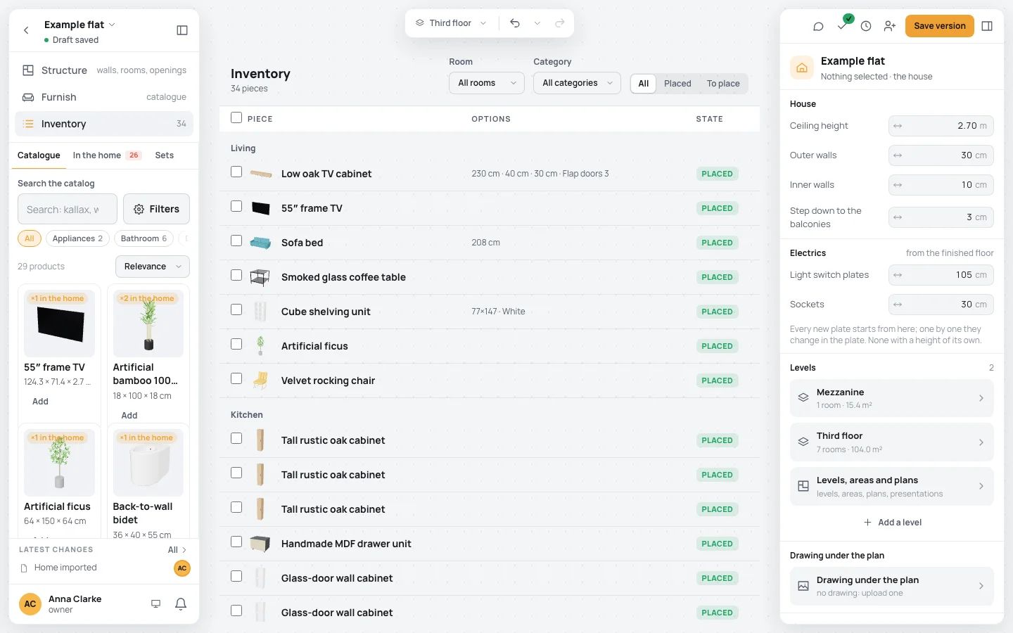 The Inventory workspace on the example flat: 34 pieces, the filters Room, Category and All, Placed, To place; the Living's pieces with their pictures, options and state