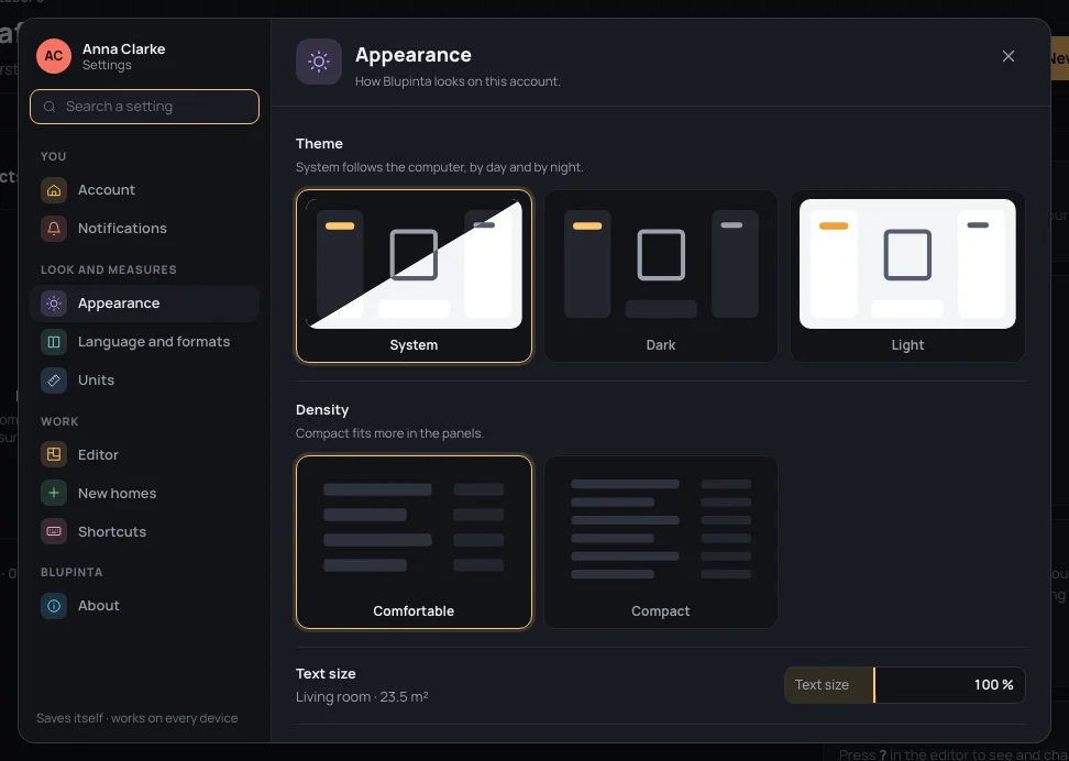 Appearance: the Theme, Density, Text size and Room colours