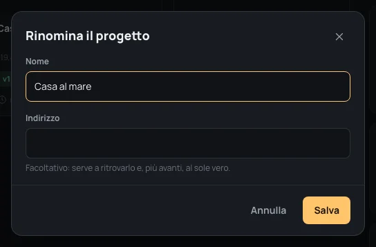 Rinomina il progetto: i campi Nome e Indirizzo, Annulla e Salva