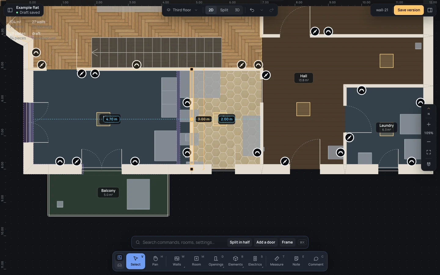 The wall moved 40 cm east: 4.70 m to the kitchen's west wall, 2.00 m to the bath's east wall