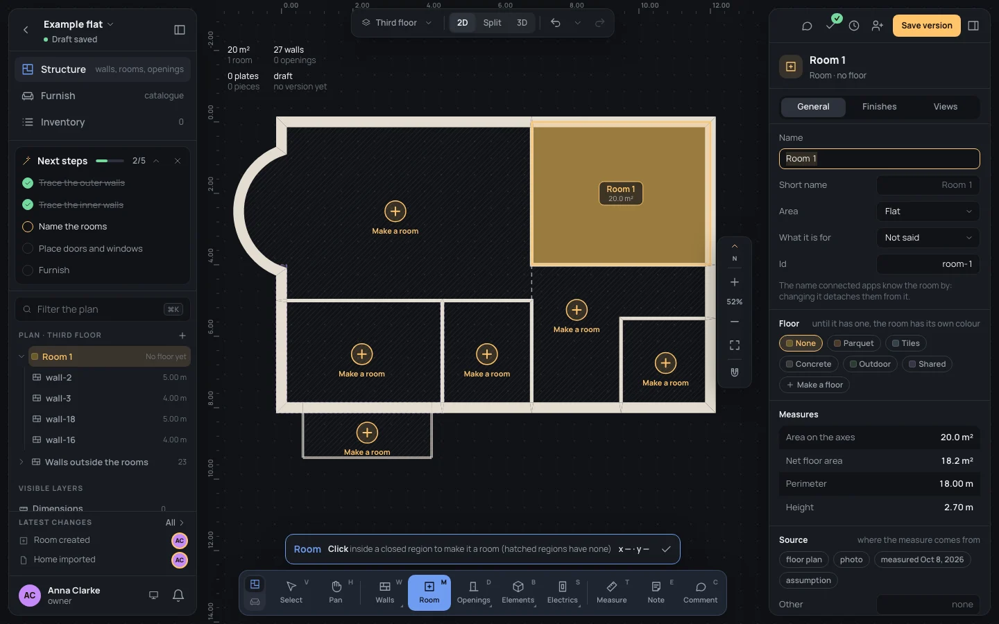 Room 1 made in the bedroom's region, selected, its Name field focused in the inspector