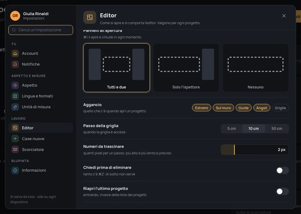 Le ultime righe della sezione Editor: Numeri da trascinare, Chiedi prima di eliminare, Riapri l’ultimo progetto