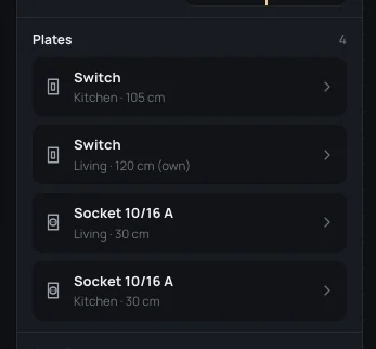 Wall wall-19's Plates: two switches and two sockets, the Living switch at 120 cm (own)