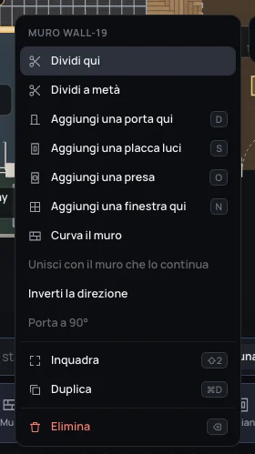 Il menu del tasto destro su un muro, con Aggiungi una placca luci e Aggiungi una presa tra Aggiungi una porta qui e Aggiungi una finestra qui