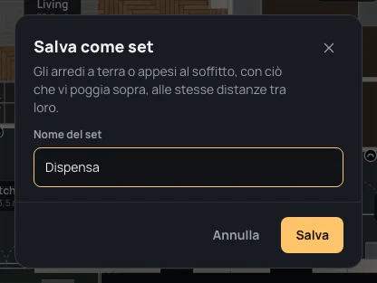 Salva come set: la spiegazione, Nome del set Dispensa, Annulla e Salva