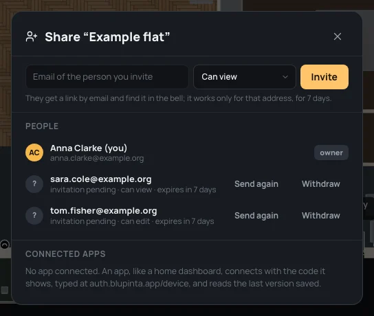 Two invitations pending, one Can view and one Can edit, each expiring in 7 days, with Send again and Withdraw