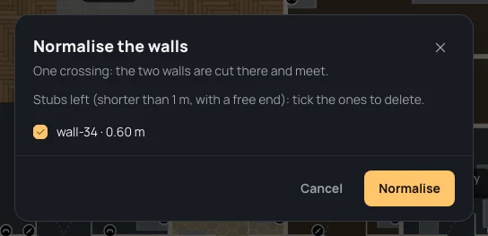 Normalise the walls: one crossing, and the stub wall-34 · 0.60 m ticked to be deleted